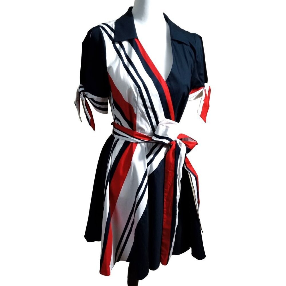 NWT Venus Blue & Red and White wrap dress cut out sleeves Sz 2 - Picture 2 of 16